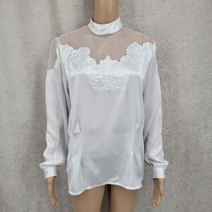 Susan Hutton Vintage White Satin Sheer Mesh Long Sleeve Blouse Women's Plus Size
